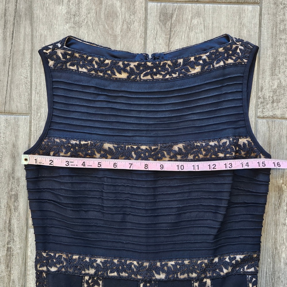 Tadashi Shoji Pintuck Jersey and Lace Dress Size S Navy Fit Flare Formal Elegant - Picture 5 of 10
